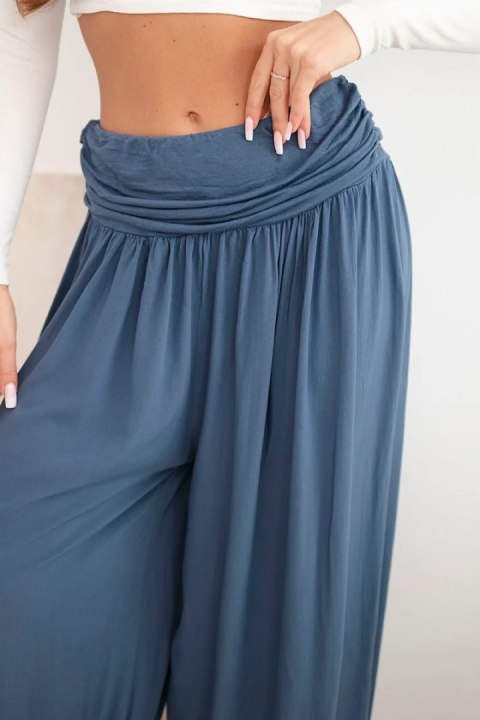 Spodnie damskie wiskozowe z szeroką nogawką i marszczeniami jeansowe