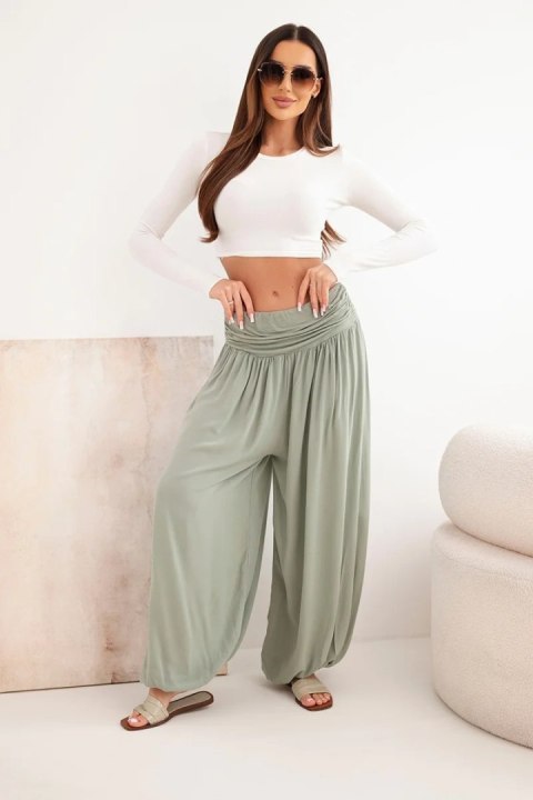 Spodnie damskie wiskozowe z szeroką nogawką i marszczeniami khaki