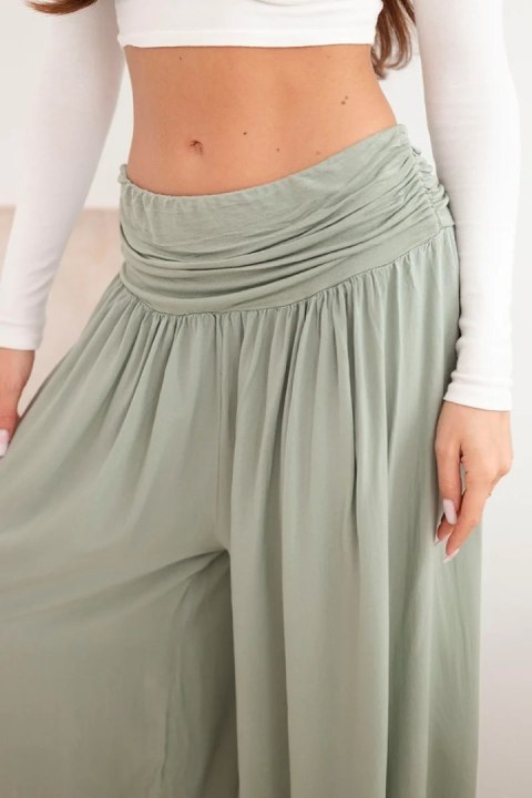 Spodnie damskie wiskozowe z szeroką nogawką i marszczeniami khaki