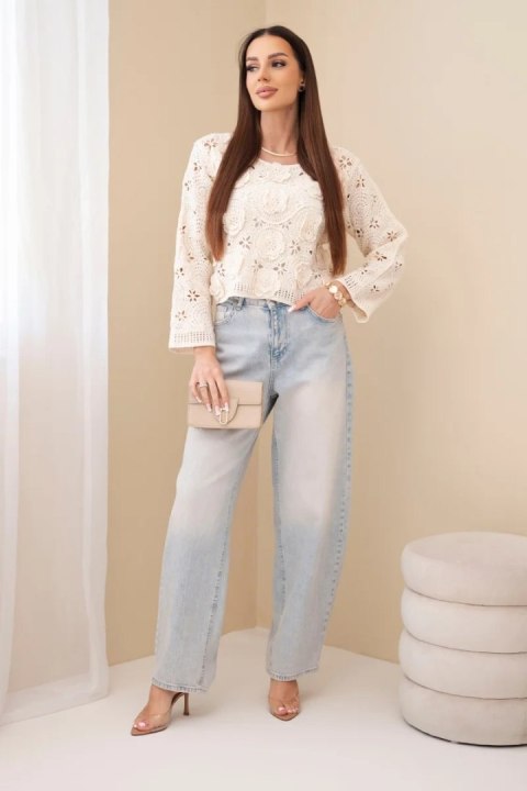 Sweter damski ażurowy z kwiatowym wzorem beżowy