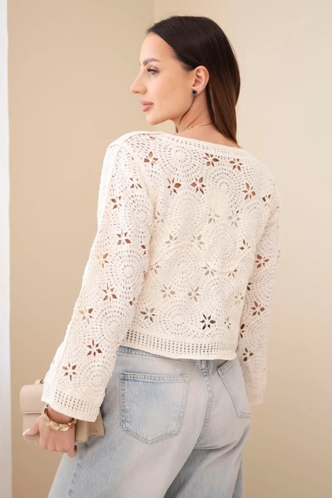 Sweter damski ażurowy z kwiatowym wzorem beżowy