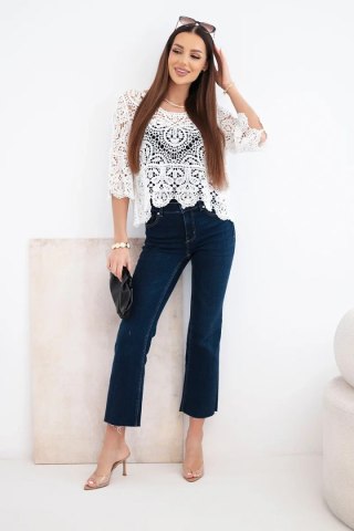 Sweter damski bawełniany ażurowy z krótkim rękawem i ozdobnym wzorem biały