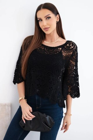 Sweter damski bawełniany ażurowy z krótkim rękawem i ozdobnym wzorem czarny