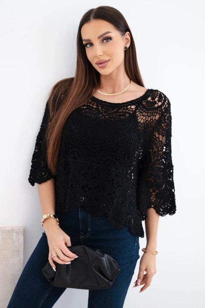 Sweter damski bawełniany ażurowy z krótkim rękawem i ozdobnym wzorem czarny