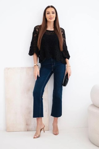 Sweter damski bawełniany ażurowy z krótkim rękawem i ozdobnym wzorem czarny