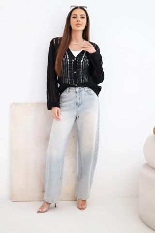 Sweter damski bawełniany ażurowy zapinany na guziki z dekoltem V czarny