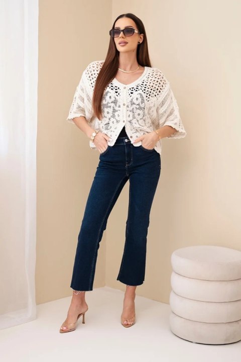 Sweter damski bawełniany ażurowy zapinany na guziki z krótkim rękawem beżowy