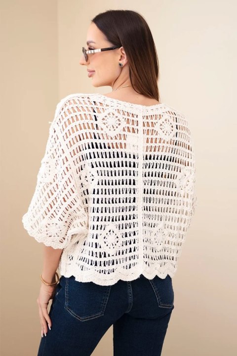 Sweter damski bawełniany ażurowy zapinany na guziki z krótkim rękawem beżowy