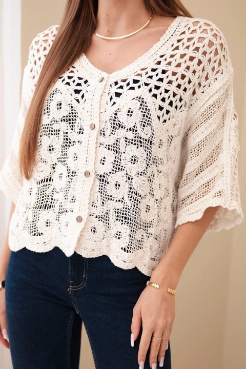 Sweter damski bawełniany ażurowy zapinany na guziki z krótkim rękawem beżowy