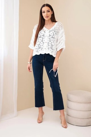 Sweter damski bawełniany ażurowy zapinany na guziki z krótkim rękawem biały