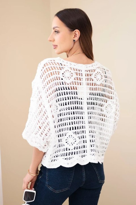 Sweter damski bawełniany ażurowy zapinany na guziki z krótkim rękawem biały
