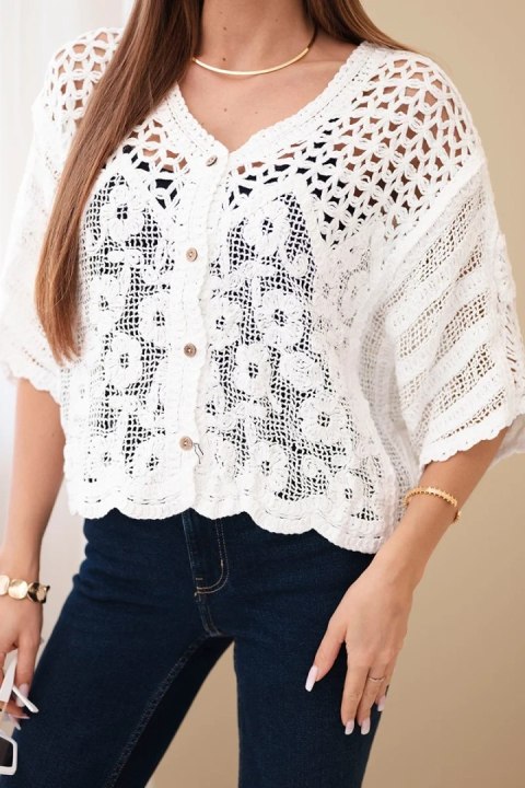 Sweter damski bawełniany ażurowy zapinany na guziki z krótkim rękawem biały