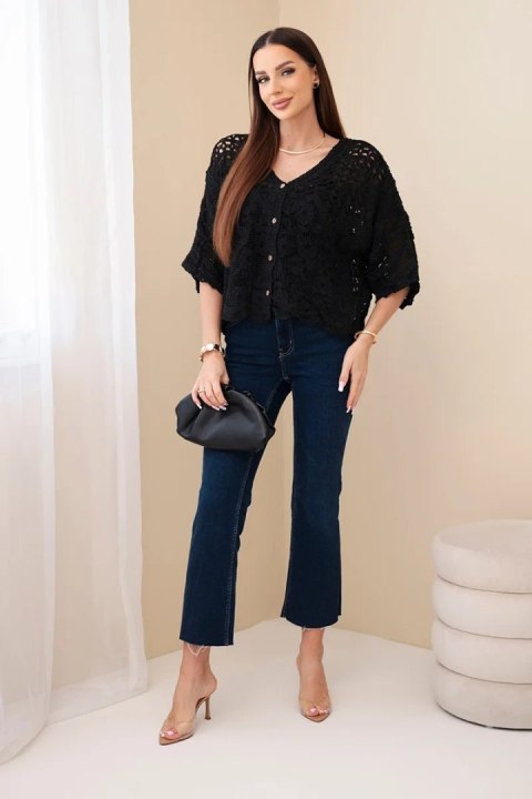 Sweter damski bawełniany ażurowy zapinany na guziki z krótkim rękawem czarny