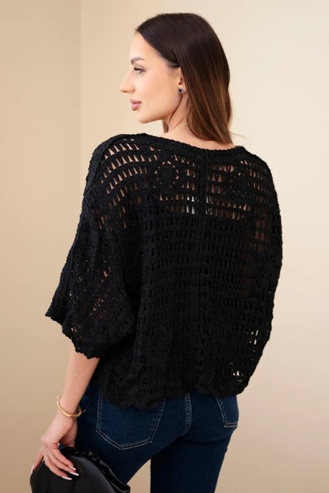 Sweter damski bawełniany ażurowy zapinany na guziki z krótkim rękawem czarny