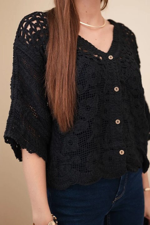 Sweter damski bawełniany ażurowy zapinany na guziki z krótkim rękawem czarny
