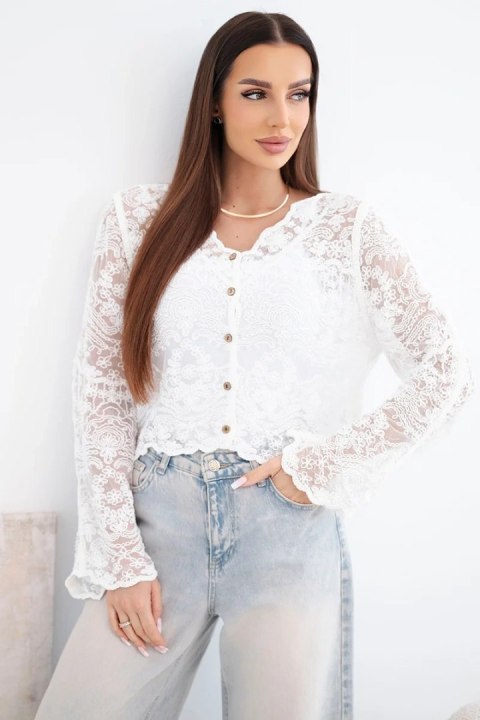 Sweter damski bawełniany koronkowy zapinany na guziki z długim rękawem biały