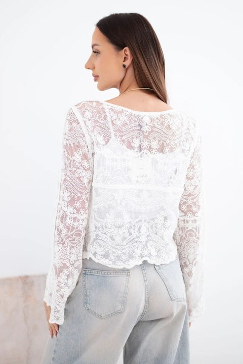 Sweter damski bawełniany koronkowy zapinany na guziki z długim rękawem biały