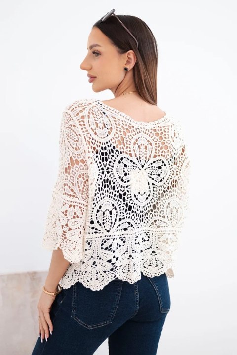 Sweter damski bawełniany ażurowy z krótkim rękawem i ozdobnym wzorem beżowy