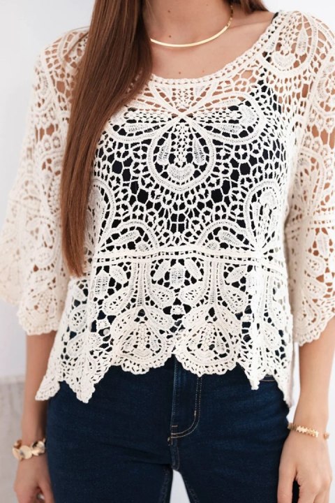 Sweter damski bawełniany ażurowy z krótkim rękawem i ozdobnym wzorem beżowy