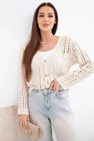 Sweter damski bawełniany ażurowy zapinany na guziki z dekoltem V beżowy