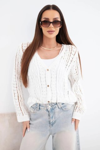 Sweter damski bawełniany ażurowy zapinany na guziki z dekoltem V biały