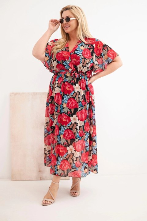 Czarna sukienka maxi Plus Size w kwiatowy wzór z wiskozową podszewką