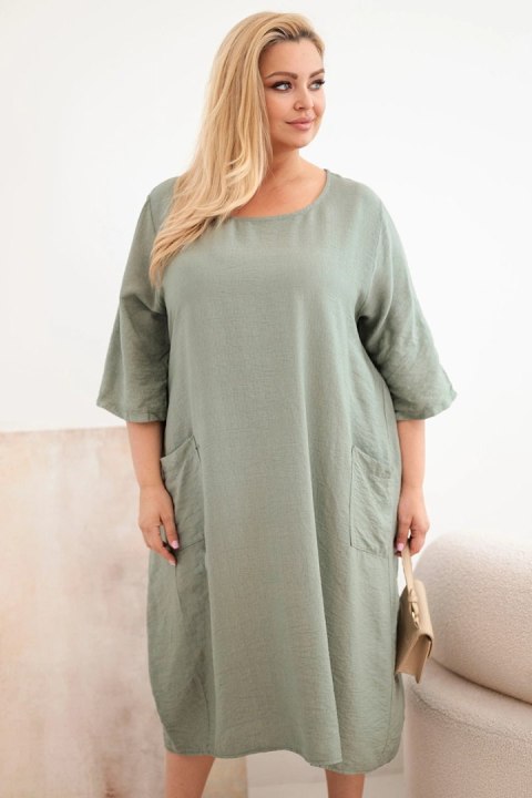 Khaki wiskozowa sukienka damska Plus Size o luźnym kroju oversize
