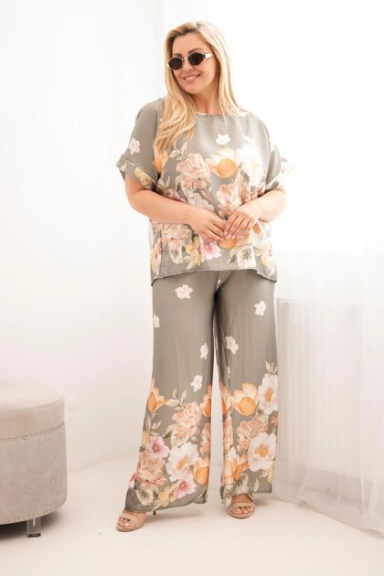 Komplet damski Plus Size z bluzką i spodniami w kwiaty z szeroką nogawką khaki