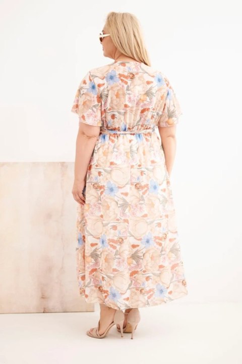Sukienka damska Plus Size w kwiaty z wiązaniem beżowa