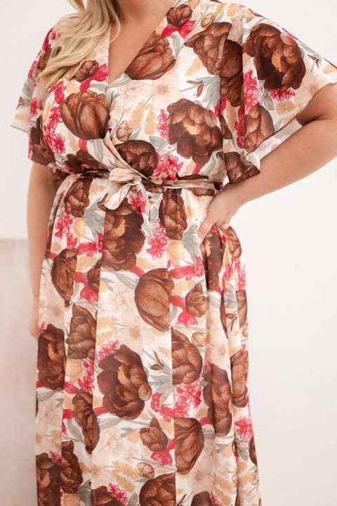 Sukienka damska Plus Size w kwiaty z wiązaniem brązowa