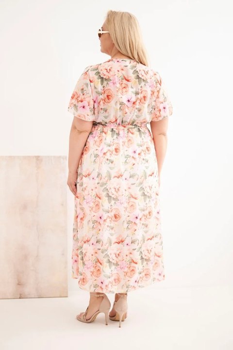 Sukienka damska Plus Size w kwiaty z wiązaniem ecru