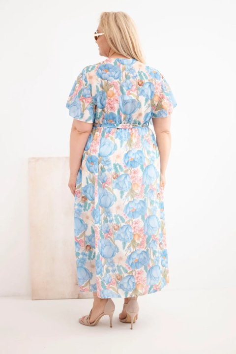 Sukienka damska Plus Size w kwiaty z wiązaniem niebieska