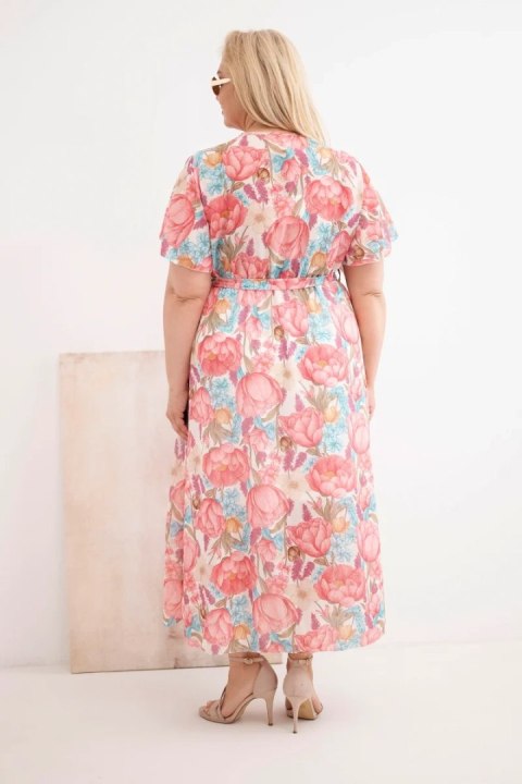 Sukienka damska Plus Size w kwiaty z wiązaniem różowa