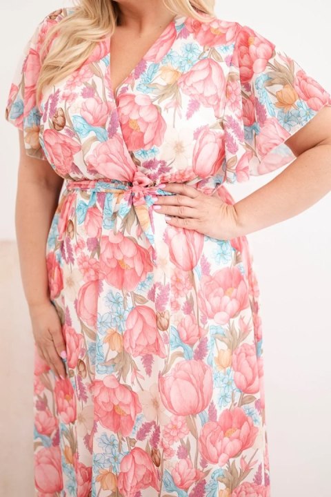 Sukienka damska Plus Size w kwiaty z wiązaniem różowa