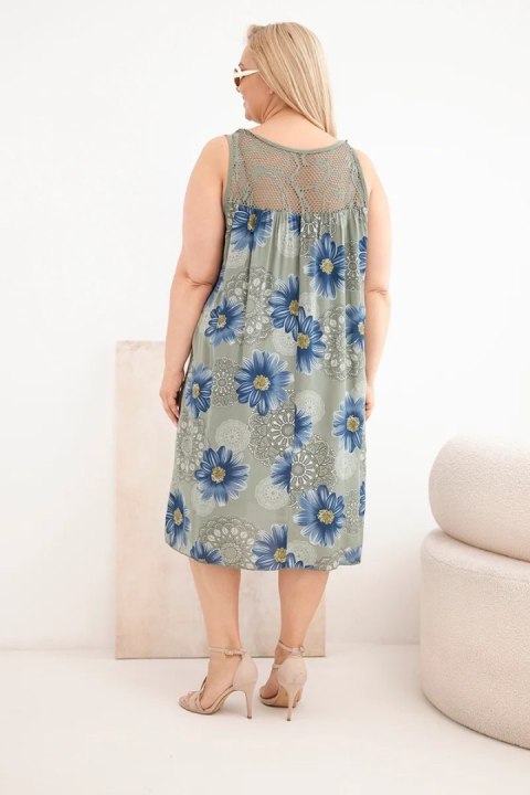 Sukienka damska Plus Size wiskozowa w kwiaty z koronkowym dekoltem khaki