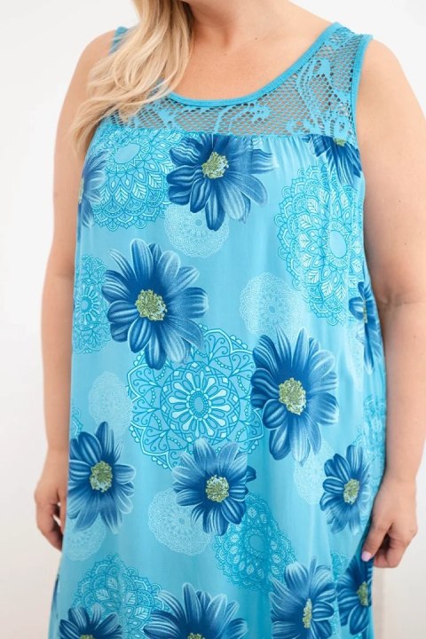 Sukienka damska Plus Size wiskozowa w kwiaty z koronkowym dekoltem turkusowa