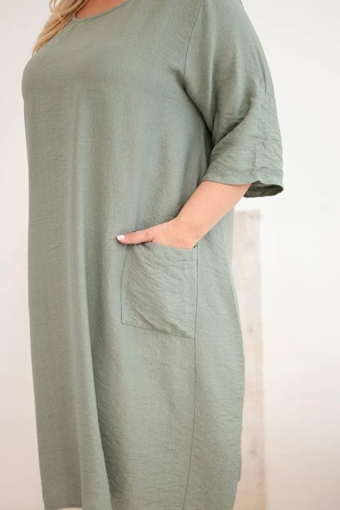 Sukienka damska Plus Size wiskozowa z kieszeniami krótki rękaw khaki