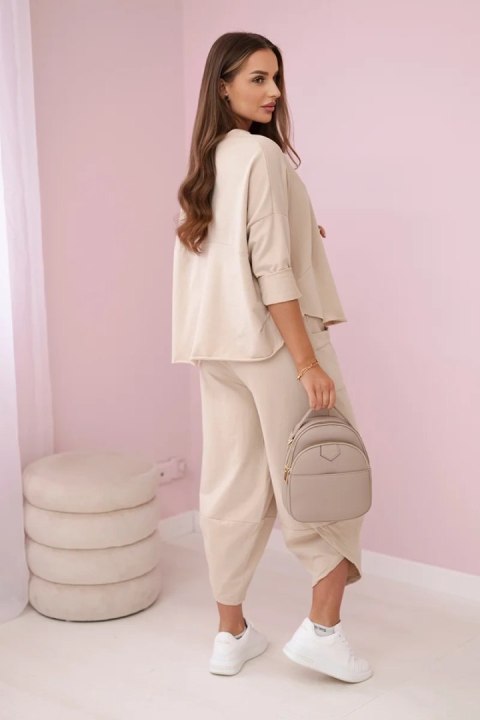 Beżowy komplet bawełniany damski – klasyczny dres z kapturem o wysokiej gramaturze