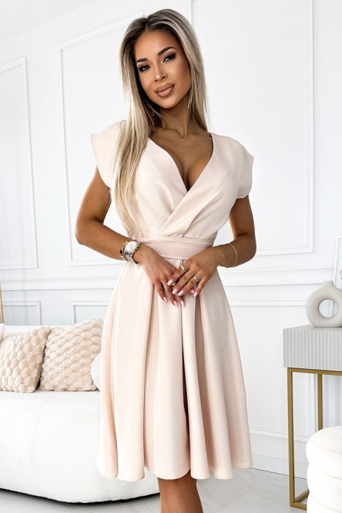 348-7 SCARLETT rozkloszowana sukienka z dekoltem i paskiem - BEŻOWA - XL