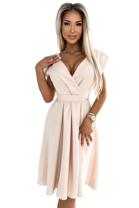 348-7 SCARLETT rozkloszowana sukienka z dekoltem i paskiem - BEŻOWA - XL