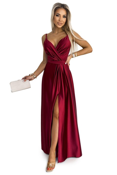 512-6 JULIET elegancka długa satynowa suknia z dekoltem i rozcięciem na nogę - BORDOWA - L