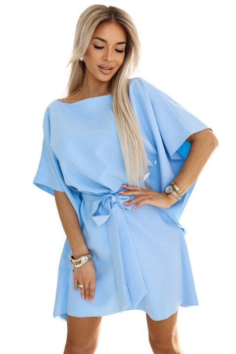 287-36 SOFIA Sukienka motyl z wiązaniem w pasie - pastelowy BŁĘKIT - S/M