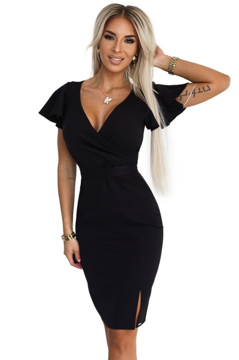 479-9 NINA elegancka sukienka z kopertowym dekoltem, rękawkiem i paskiem - CZARNA - L