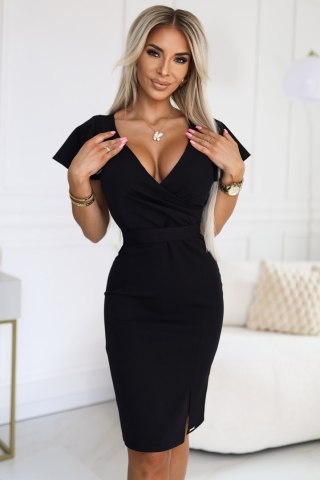 479-9 NINA elegancka sukienka z kopertowym dekoltem, rękawkiem i paskiem - CZARNA - L