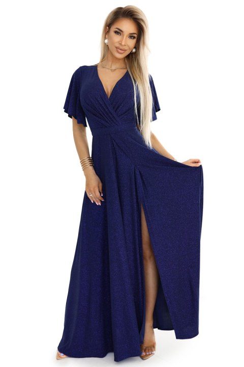581-5 JENNIFER połyskująca długa suknia z rękawkiem i dekoltem - GRANATOWA Z BROKATEM - XL