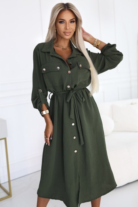 531-5 Szmizjerka midi ze złotymi guzikami i wiązaniem - KHAKI - UNI