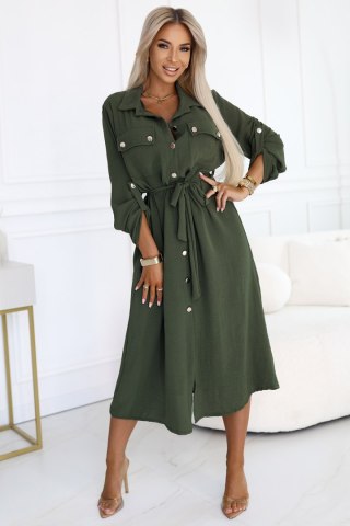 531-5 Szmizjerka midi ze złotymi guzikami i wiązaniem - KHAKI - UNI