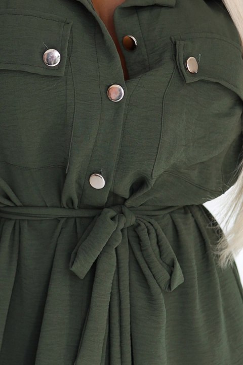 531-5 Szmizjerka midi ze złotymi guzikami i wiązaniem - KHAKI - UNI