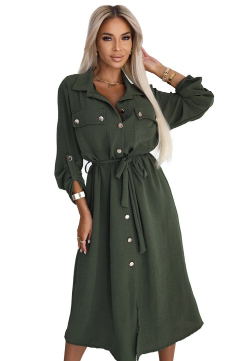 531-5 Szmizjerka midi ze złotymi guzikami i wiązaniem - KHAKI - UNI