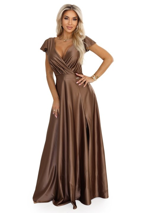 411-14 CRYSTAL satynowa długa suknia z dekoltem - mocha mousse - XXXL